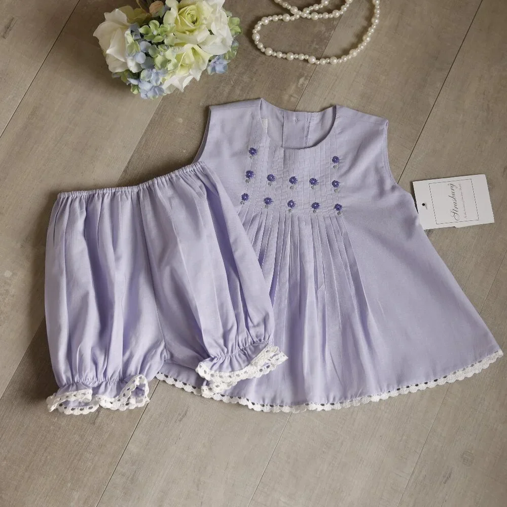 Strasburg Lavender Cotton RARE Set Embroidery Vacation Beach Portrait 3/6 Months